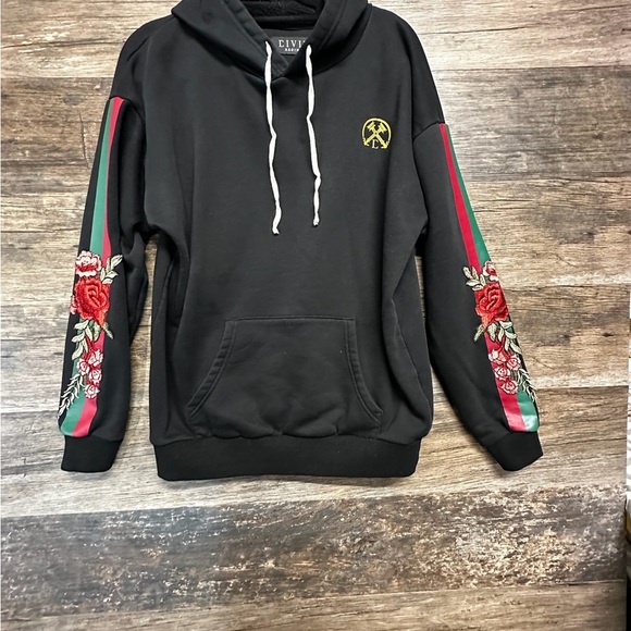 Civil Regime Rose Embroidered Black Sweatshirt with Hood